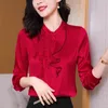 Blusas femininas camisa de cetim de seda real vermelho branco vintage camisas de manga longa moda elegante para mulheres topos senhora do escritório blusa