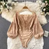 NXY French Hollow Lace Rompers v Neck Bodycon jumpsuits met lange mouwen Sexy slanke mode streetwear herfst korte bodysuit 230328