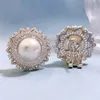 Flower Pearl Diamond Stud Earring 100% Real 925 Sterling Silver Promise Bruiloft oorbellen voor vrouwenbelovende feestjuwelencadeau