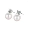 Pendientes de tuerca de lujo con cuentas redondas de Micro circón para mujeres y niñas, joyería de perlas de moda coreana romántica E1088