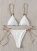 Women's Swimwear Sexy Bikini Set Cute White Plain Ring Linked Spaghetti Strap Triangle Thong Biquini Swimsuit Swimwear Women Bathing Suit B0 230403