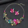 Necklace Earrings Set Flower Leaf Shape Colorful Rhinestone Jewelry For Women Luxury Prom