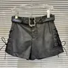 Women's Shorts PREPOMP 2023 Autumn Collection Side Bandage Design Belt Tie Dye Faux Leather Women GM100