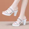 Slippers 8cm Klein Maat 32-43 Elegant Mesh Leer Dames Platform Schoenen Zomer 2023 Blok Hoge Hakken Slippers Kantoor Model Moeder