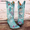 Boots Plus Size 48 High Heeled Women Boots Mid Calf Chunky Platform Cowboy Cowgirl Boots Retro Skull Embroidery Fashion Rome Shoes 230403