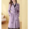 Trench da donna Giacca a vento ricamata viola coreana Primavera Autunno Cappotto medio-lungo Cappotto slim doppiopetto moda