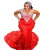 2023 Арабский Aso Ebi Красное платье русалки для выпускного вечера с блестками и кружевными вечерними платьями с прозрачным вырезом на день рождения, второе платье для помолвки, женское вечернее платье WD031