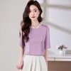 Femmes Blouses Dames Sexy Violet Noir Chemises D'été À Manches Courtes Évider Mode Femmes 2023 Élégant Femme Casual Tops Pulls