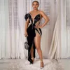 Aso Ebi sirène asymétrique robes de bal une épaule manches courtes avant fendu noir sexy gala robe de soirée étincelante événement danse robes de soirée courte