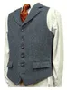 Men's Vests Suit Vest Green Herringbone Wool Tweed Full Tailored Collar Male Gentleman Business Waistcoat For Wedding Groom Brown