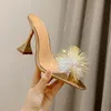 Bling cienkie obcasy kobiety Muły pompki Modne kryształowe pvc przezroczyste sandały seksowne spiczaste palce letnie buty balowe