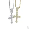 Anhänger Halsketten Iced Out Kreuz Anhänger Tennis Kette Halskette Für Männer Mit Gold Farbe Seil Link Halsketten Hip Hop Schmuck Geschenk Drop D Dhk9V