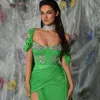 Green One Shoulder Evening Dresses Crystal Neck Pleat Side Split Celebrity Gown Chiffon Sweep Train Red Carpet Dress