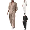 Tute da uomo 2 pezzi Set di lino in cotone Camicie Henley a maniche lunghe Pantaloni da spiaggia casual con tasche Completi estivi per yoga vintage