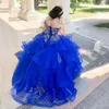 Ruffles Organza Pluffy Quinceanera Dresses Royal Blue Sweet 16 Prom Party Gowns V-Neck Gold Lace Appliques Beaded Long Floor Length Robe De Soriee