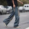 Jeans pour hommes rétro américain en lambeaux été lavé en détresse lâche jambe large droite vadrouille hip hop pantalons de rue