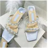 Designer Femmes Pantoufles Talons De Luxe Hauts 5cm Talons Chunky Perles Sandales Chaussures Ouvertes Mode Dame Classique Diapositives En Caoutchouc Gros-Grain Espadrilles Pour La Fête Avec Les Filles