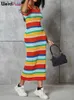 Vestidos urbanos sexys Weird Puss Colorido Rayas Mujeres Maxi Vestido Crochet Correas gruesas O Cuello Sin mangas Alta Strecth Bodycon Básico Y2K Streetwear