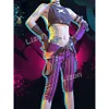 Nuovo gioco LOL Costume arcano con adesivi per tatuaggi Abiti in pelle scamosciata Vestito di carnevale di Halloween Jinx Cosplay 100CM Parrucca blu cosplay