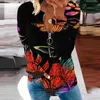 Magliette da donna camicia con stampa di piume floreali autunno manica lunga mezza zip ampia moda donna primavera abbigliamento outdoor 2023 Top