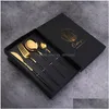 Dinnerware Sets 2022 4 Pieces / Set Of Black Cutlery Stainless Steel Golden Kitchen Fork Knife Spoon Wedding Sierware Drop Delivery Otltm