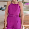 Pantalones de dos piezas para mujer Conjuntos de dos piezas con cuello halter informal Tops sin mangas de verano para mujer y pantalones cortos con cinturón de pierna ancha Conjuntos sólidos elegantes sueltos sin espalda para mujer 230331