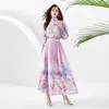 Vacation Woman Floral Boho Maxi Dress Purple Stand Collar Designer Slim Party Ruched Dresses Casual Robes 2023 Spring Autumn Print Runway Lantern Sleeve Frocks