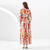 Vintage tatil boho maxi elbise bornoz fener kolu kadın tasarımcı stant yaka yay dantel yukarı bel parti uzun elbiseler 2023 bahar sonbahar moda baskı pist frocks