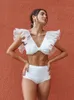 Women's Swimwear Fitshinling Mesh Ruffles High Waist Bikinis Sets Deep V Neck Slim Sexy Women's Swimsuits Swimwear Beach Fitness Bathing Suits 230331