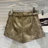 Women's Shorts PREPOMP 2023 Autumn Collection Side Bandage Design Belt Tie Dye Faux Leather Women GM100