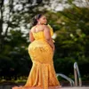 2023 Arabski Aso Ebi Ebi Yellow Syrenka Sukienka Promowa cekinowa koronkowe suknie wieczorowe Suknie Bordai Bordai Drugi suknia sukienka Kobiety Formalne noszenie WD026