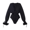 Casual Dresses Fashion Black Long-sleeved Jumpsuit Spring Autumn V-neck Women Bow Tie Feather Shirt Top S3397Casual