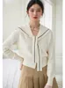 Damen Strick Herbst Strickjacke Frauen Casual Matrosenkragen Schlank Langarm Pullover Schnürschal Zweiteiler Set Strickwaren Koreanisch