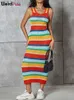 Vestidos urbanos sexys Weird Puss Colorido Rayas Mujeres Maxi Vestido Crochet Correas gruesas O Cuello Sin mangas Alta Strecth Bodycon Básico Y2K Streetwear