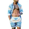 Herrspårar sommarmän blå och vita porslin tryck strand semester hawaii långärmad shorts 2 bit set skjorta kostym 2023