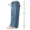 Designer Chunky Heel Pointed Toe Boots Women Long Knee High Boots Fold Denim Boottes Shoes Female western cowboy boots 2022 230403