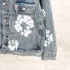 "Stylish Floral Pattern Denim Coat for Women and Men - Designer Wash Blue Jacket with Button Letters, Perfect for S-XL Sizes"