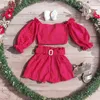 Completi di abbigliamento 1-5Y Toddler Baby Girl Kid Abiti estivi Stampa a pois rossi Manica lunga con spalle scoperte Pantaloni 2 pezzi