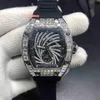 Hip Hop Herren-Trend-Armbanduhr mit Diamantgehäuse, große Diamant-Lünette, Uhren mit schwarzem Kautschukarmband, automatische mechanische Uhr W273S
