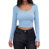 Kvinnors T -skjortor Crop Tops Square Neck Bodycon Tee Top For Women Lång ärm rygglös mager kort skjorta Kvinna Y2K