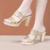 Talltor 8 cm liten storlek 32-43 Elegant Mesh Leather Women's Platform Shoes Summer 2023 Block High Heels Slides Office Model Mom