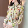 Blusas femininas cetim vintage camisas soltas moda seda primavera/verão roupas florais mangas compridas decote em v arco estampas topos