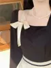 Femme col carré nœud patché manches longues bloc de couleur taille haute midi longue robe trapèze SML