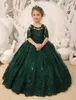 Prenses Ballgown Koyu Yeşil Papalı Dantelli Küçük Kız Pageant Elbiseleri O boyun boyunlu Yarım Kollu Toddler Resmi Parti Önlükleri Yay Sırtsız Düğün Kız Elbisesi Cl2877