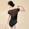 Scene Wear Women Ballet Leotards Drawstring Gleats Mesh Splice Dance Costume Gymnastics Yoga Badkläder Leotard Elegant bodysuit