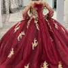 Czerwona suknia o piłce o dółko sukienka Quinceanera Złota koronkowa aplikacja długa pociąg XV księżniczka vestidos de 15 Anos urodziny Sweet 16 Sukienka
