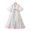 Vestidos de niña Vintage Kid Baby Girls 'Vestido antiguo de verano 2023 Chinoiserie con cuello en V Impreso Vestidos finos Tendencia delicada Ropa para niños