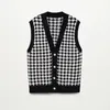 Kadın Yelekleri Houndstooth Örme Kadın Tank Top Açık ön V yaka siyah kolsuz kazak Kadın İlkbahar/Yaz Örgü Kadın Tank Top 230403