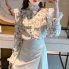 Women's Blouses Vintage Printed Gauze Floral Flare Sleeve Chiffon Shirt Clothing 2023 Autumn Winter Casual Tops Sweet Blouse