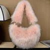 Y2K Designer Plush Love Heart Shaped Shoulder Bag Luxury Fluffy Tote Faux Fur Underarm Purse For Women Trendy